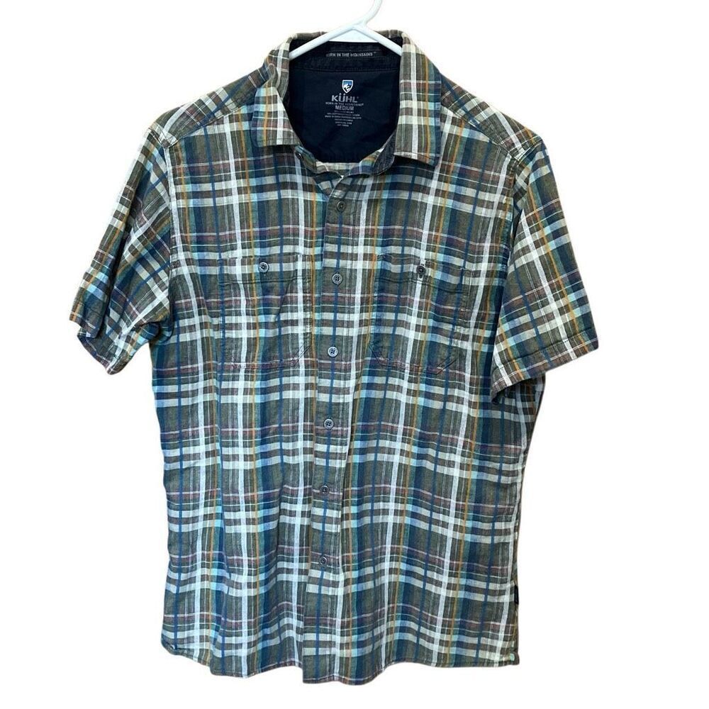 Kuhl Linen Blend Button Down Collared Plaid Shirts Mens Medium #200